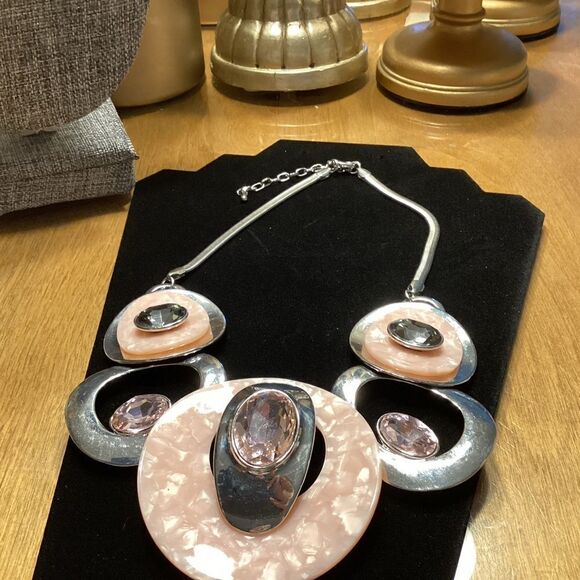 Statement Silvertone and Pink Large Necklace - Picture 4 of 7